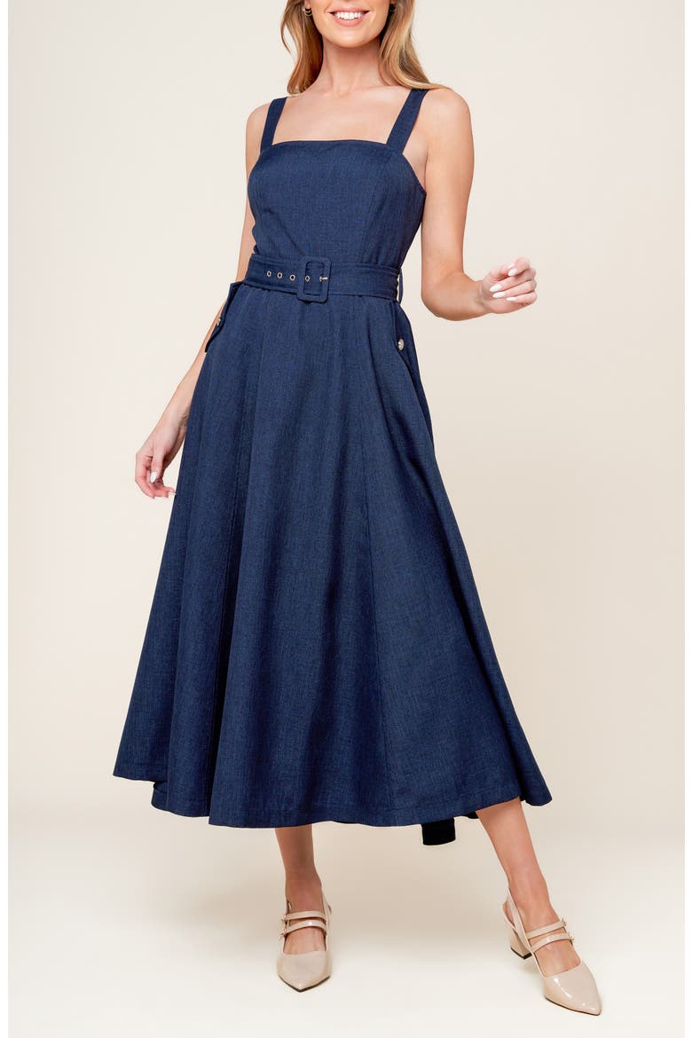 Square Neck Belted Fit & Flare Midi Dress, Main, color, NAVY