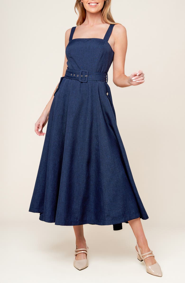 FLYING TOMATO Square Neck Belted Fit & Flare Midi Dress, Main, color, Navy