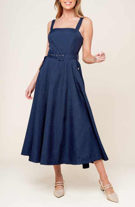FLYING TOMATO Square Neck Belted Fit & Flare Midi Dress
