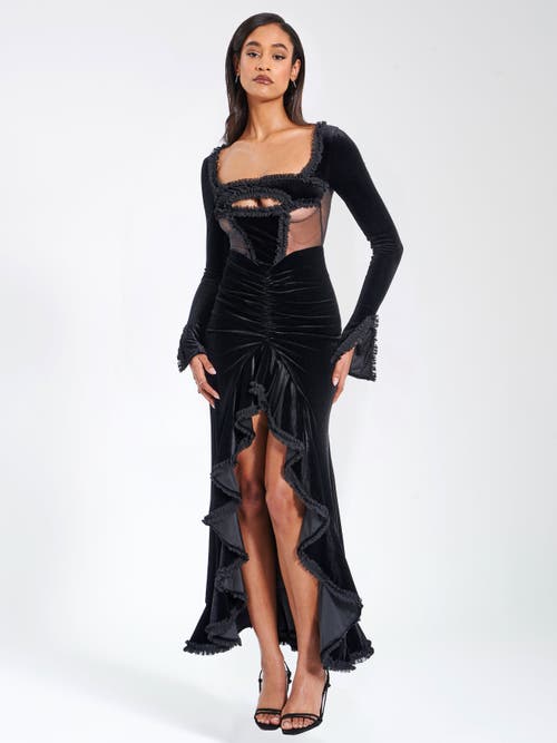 Miss Circle Women Maeve Black Velvet And Mesh Long Sleeve Maxi Dress In Black