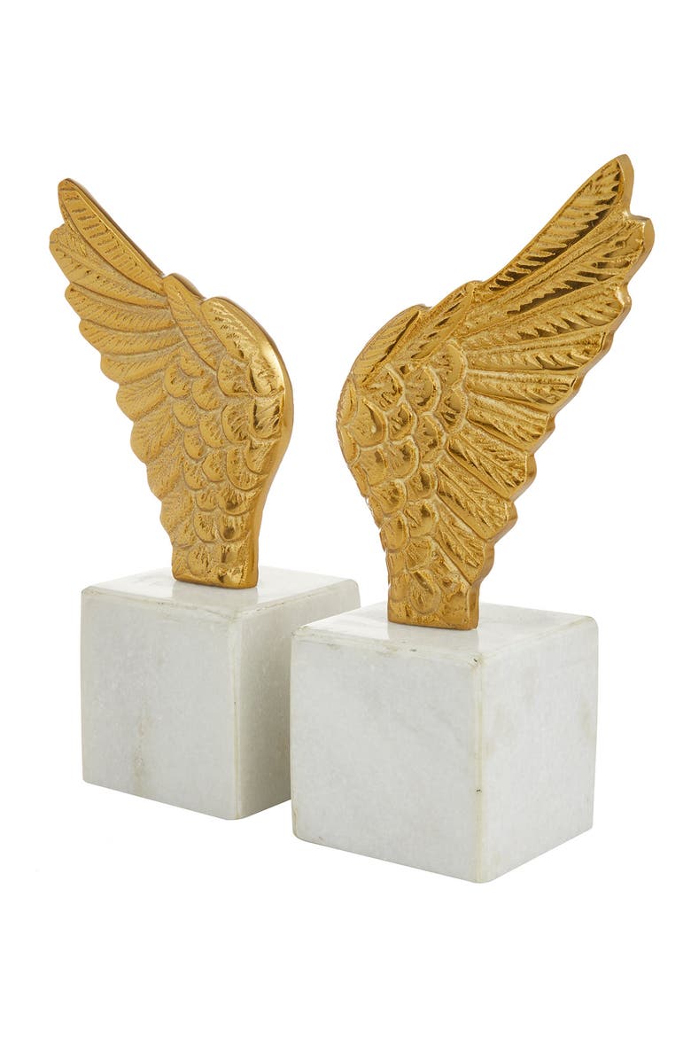 Goldtone Aluminum Bird Wings Bookend with Marble Base - Set of 2, Alternate, color, GOLD