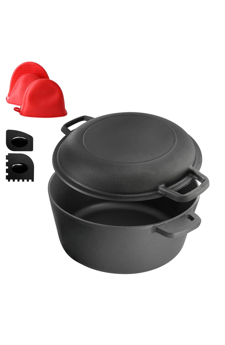 Megachef 5 Quart Pre-Seasoned 2-in-1 Cast Iron Dutch Oven and Skillet, Alternate, color, Black