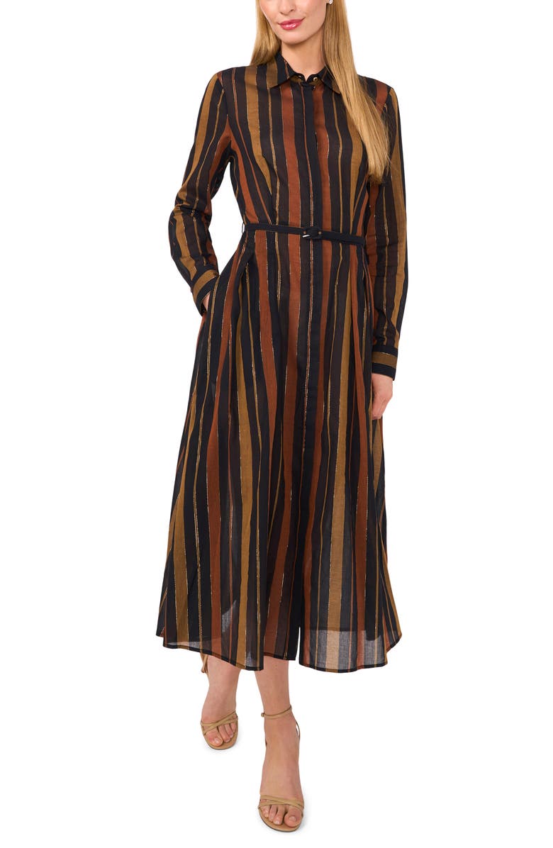 Ted Baker Metallic Stripe Long Sleeve Cotton Blend Midi Shirtdress, Main, color, Brown/ Rich Black