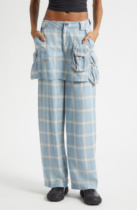 Ocean Plaid Cargo Skirt Overlay Wide Leg Pants