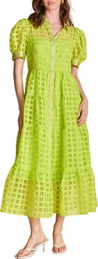English Factory Grid Pattern Tiered Midi Shirtdress