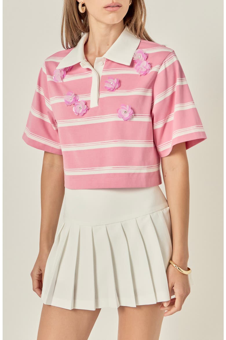 Floral Embellished Striped Polo T-Shirt, Main, color, PINK/ OFF WHITE