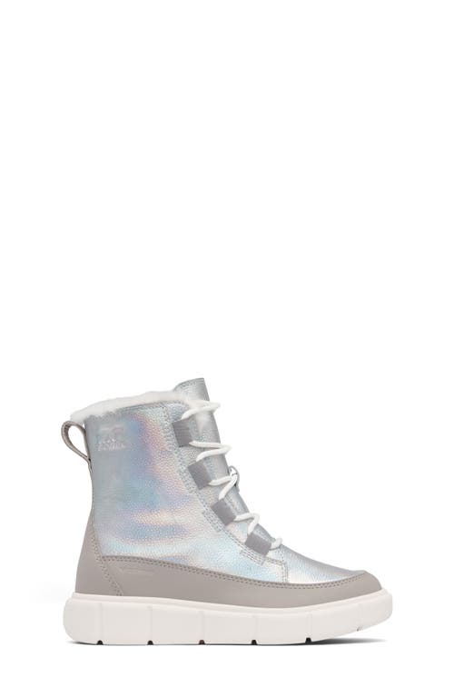 Sorel Kid's Explorer Iii Iridescent Calf Suede Boots, Kids In Pure Silver/chrome Grey