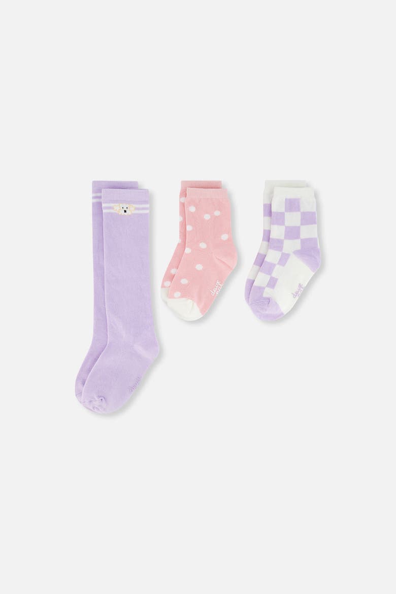 Three Pair Poodle Polka Dot Check Socks, Main, color, Lavender, Pink, and White