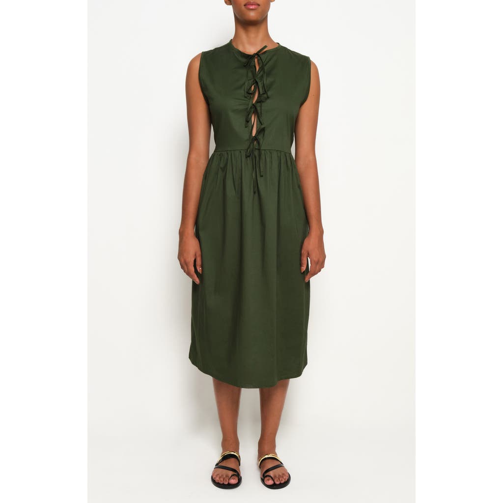 The Lulo Project Hortensia Tie Front Stretch Cotton Midi Dress In Military