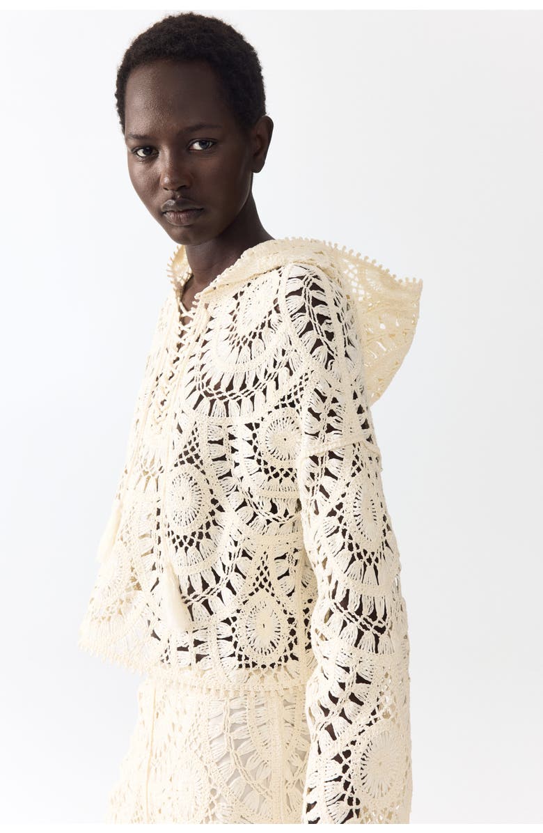 H&M Crochet-look Lace-up Hoodie, Alternate, color, Cream