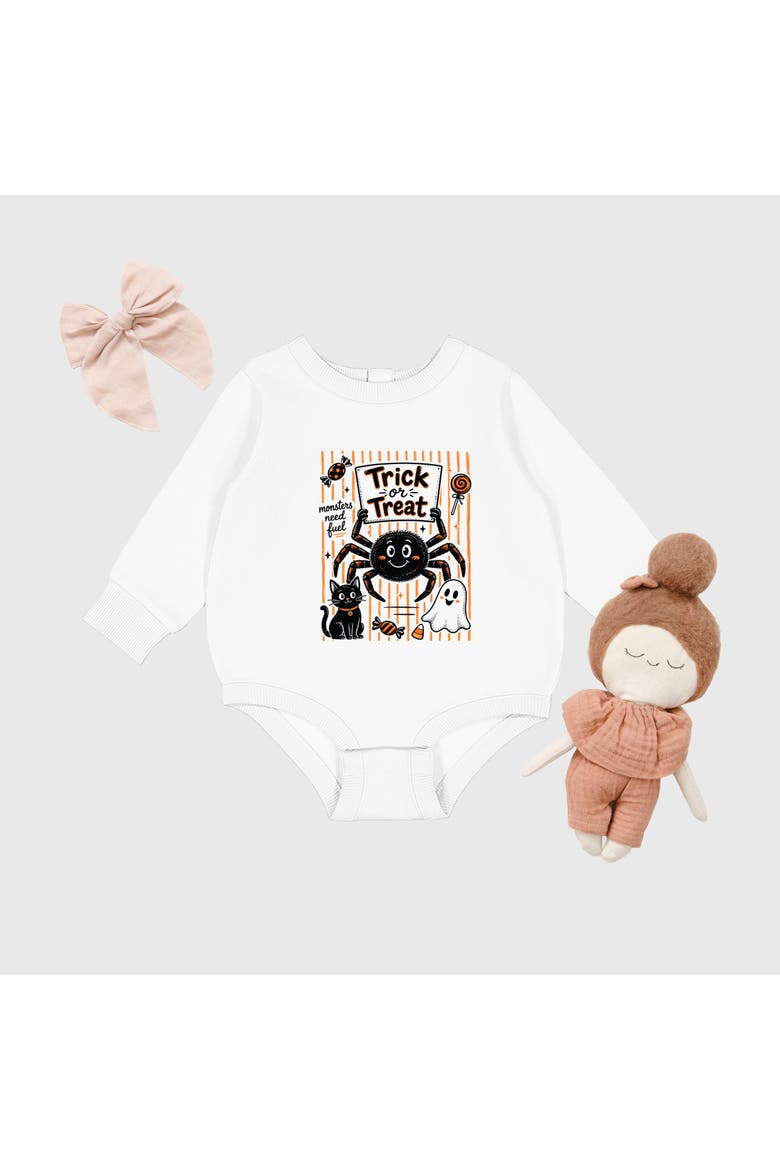 Trick or Treat Spider Stripes Infant Fleece BodySuit, Alternate, color, White