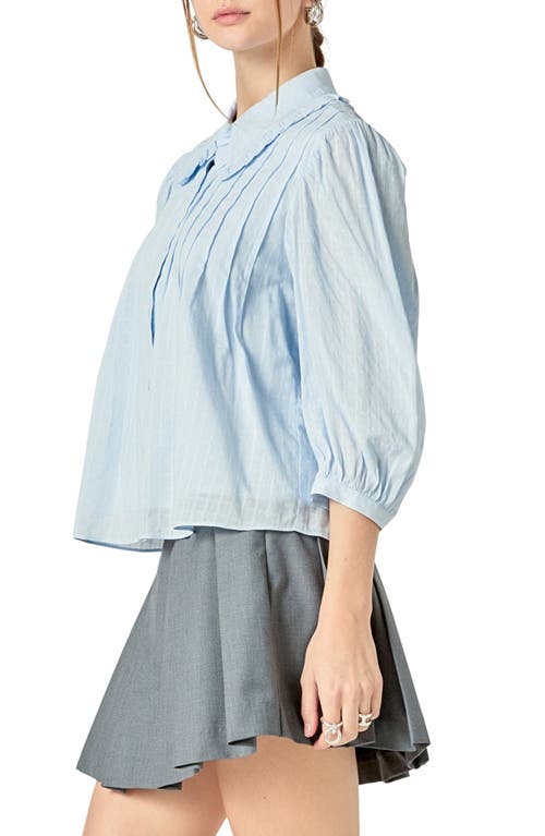 Shop English Factory Ruffle Collar Cotton Blend Button-up Shirt In Powder Blue