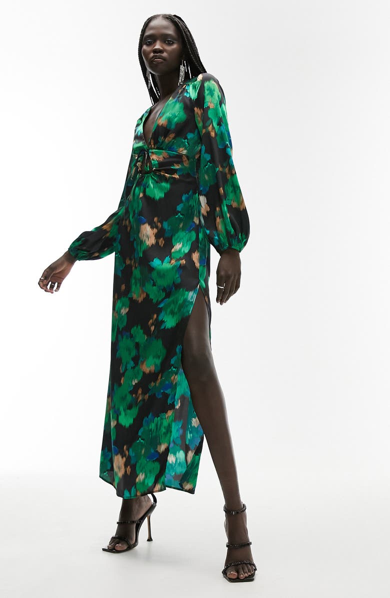 Topshop Abstract Floral Long Sleeve Satin Maxi Dress, Alternate, color, 