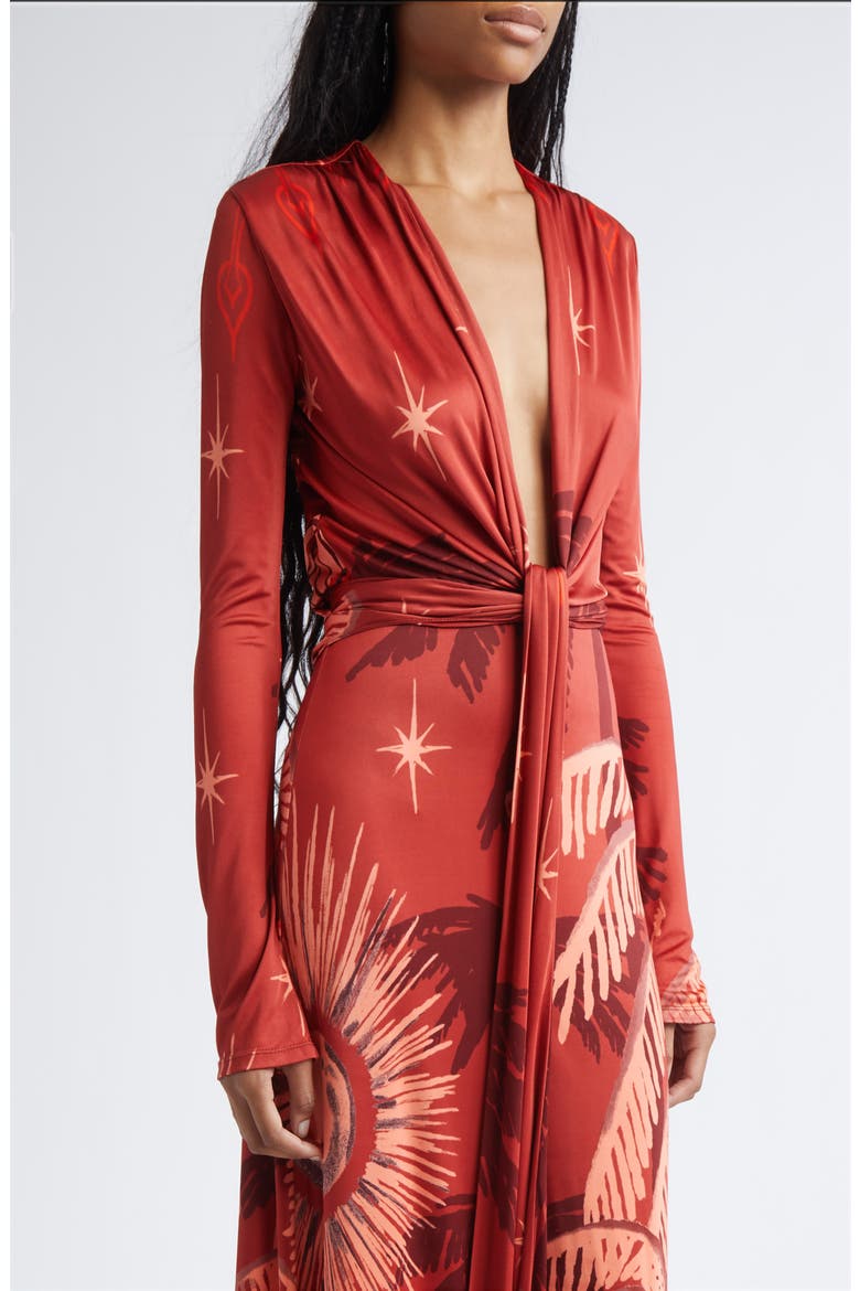 Coral Marino Tropical Print Long Sleeve Jersey Maxi Dress, Alternate, color, RED / WINE