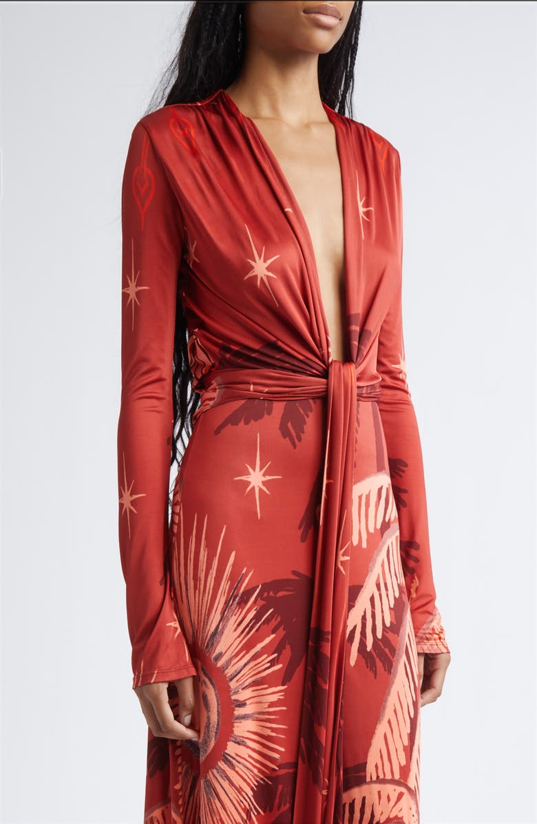 Johanna Ortiz Coral Marino Tropical Print Long Sleeve Jersey Maxi Dress, Alternate, color, Red / Wine