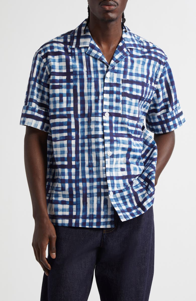 Bottega Veneta Painted Gingham Cotton Camp Shirt, Main, color, Chalk/ Eclipse