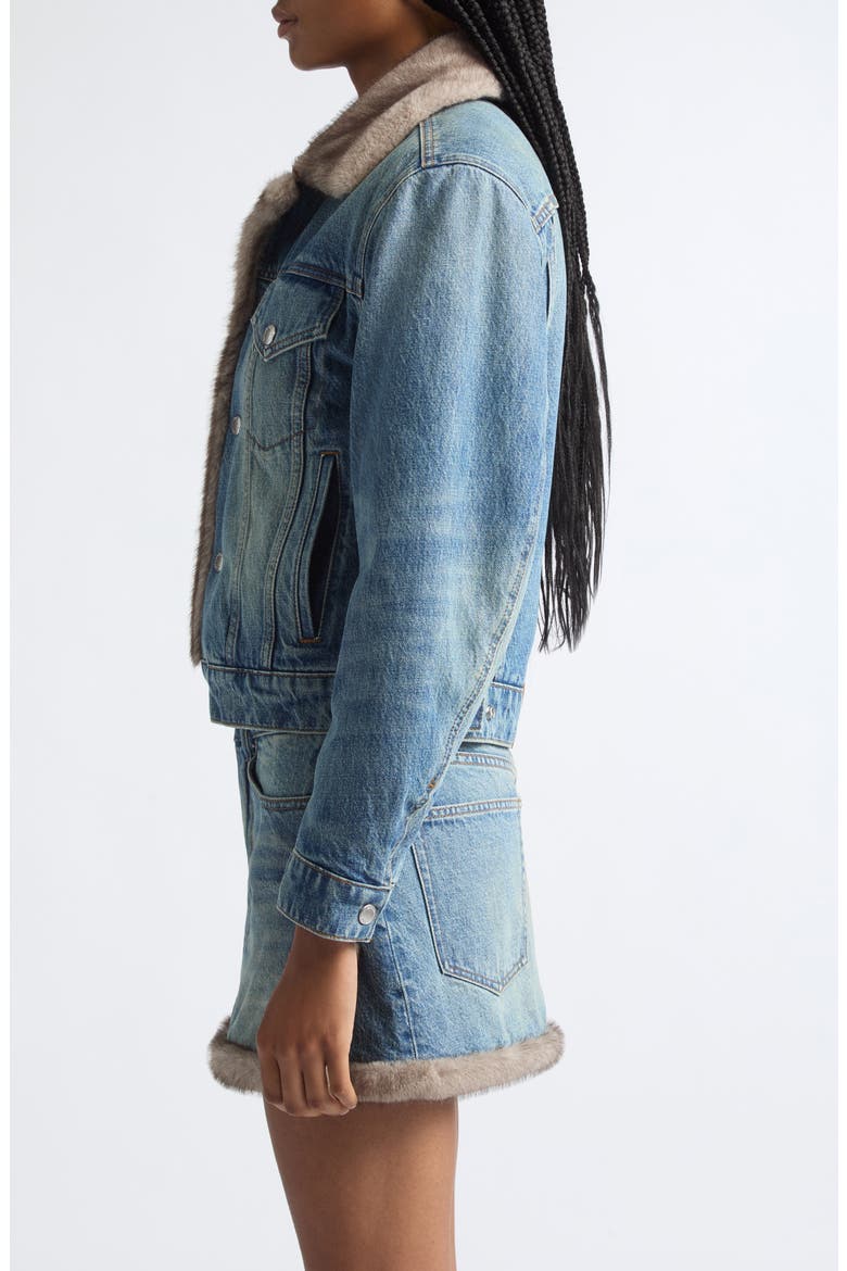 Faux Fur Trim Denim Jacket, Alternate, color, TINTED MEDIUM INDIGO