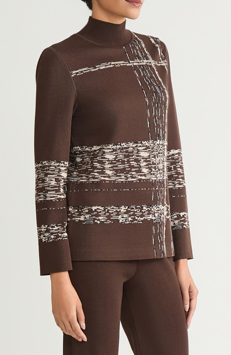 Ming Wang Stripe Jacquard Mock Neck Knit Tunic, Alternate, color, Dark Umber/ Twig/ Black/ Ivory