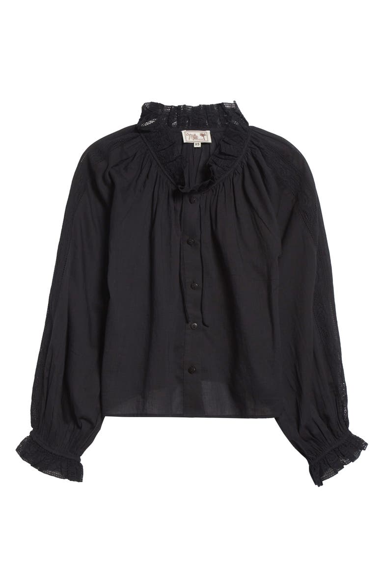 MILLE Annette Lace Detail Cotton Button-Up Shirt, Alternate, color, Black