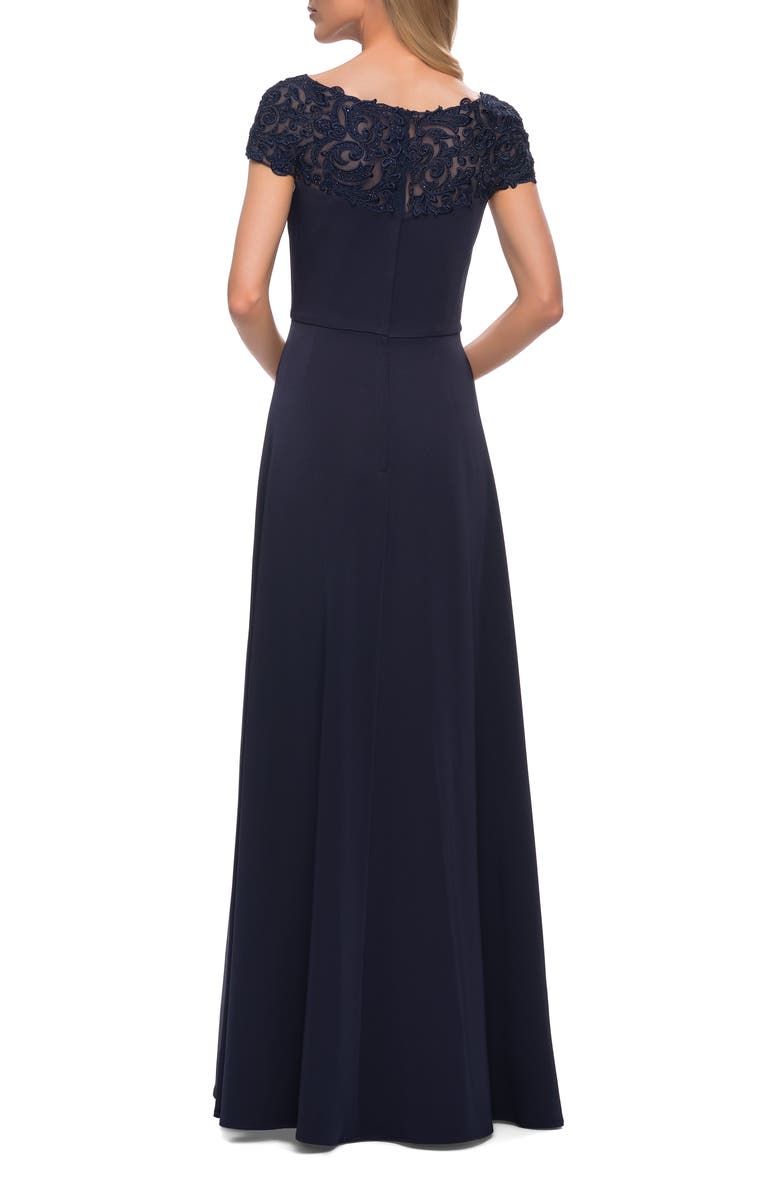 La Femme Jersey Gown with Full Skirt and Lace Detail Top, Alternate, color, Navy