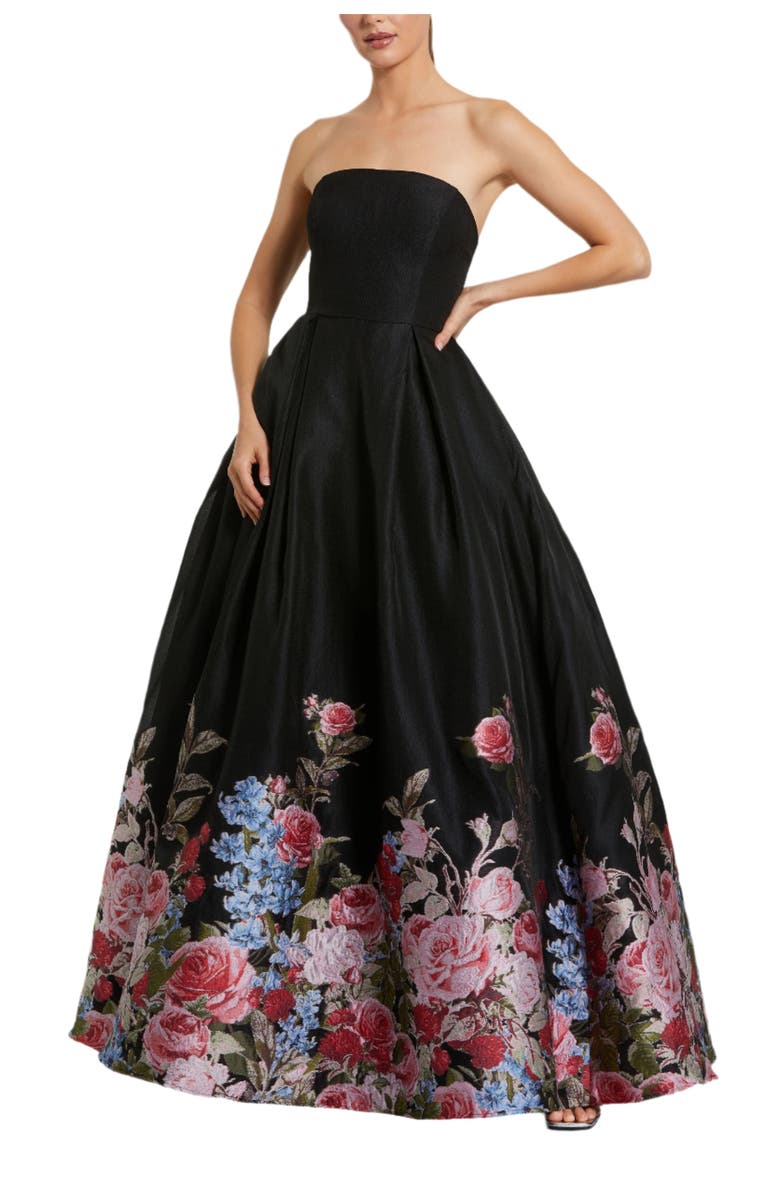 Mac Duggal Strapless Floral Brocade Ballgown, Main, color, Black Multi