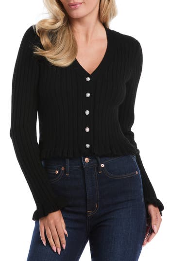 Laundry By Shelli Segal Ruffle Trim Cardigan Sweater In Black