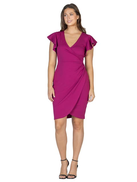 Petite V Neck Ruffle Sleeve Knee Length Dress