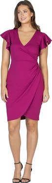 24seven Comfort Apparel Petite V Neck Ruffle Sleeve Knee Length Dress