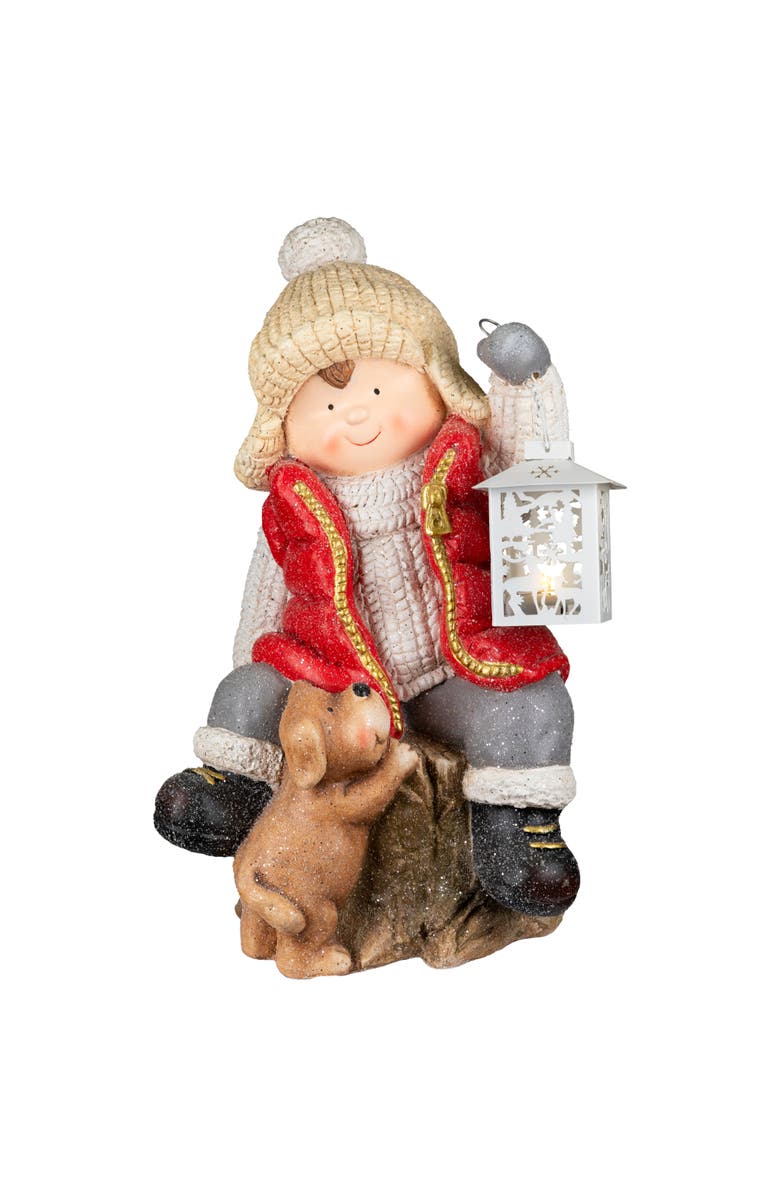 Northlight Boy with Puppy and Lighted Lantern Christmas Decoration - 16" - Clear LED light, Main, color, Red