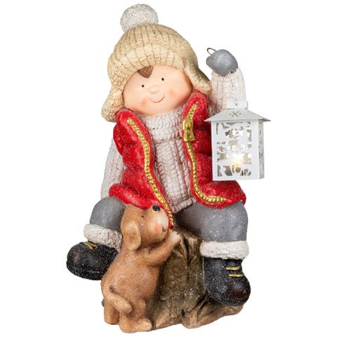 Boy with Puppy and Lighted Lantern Christmas Decoration - 16" - Clear LED light
