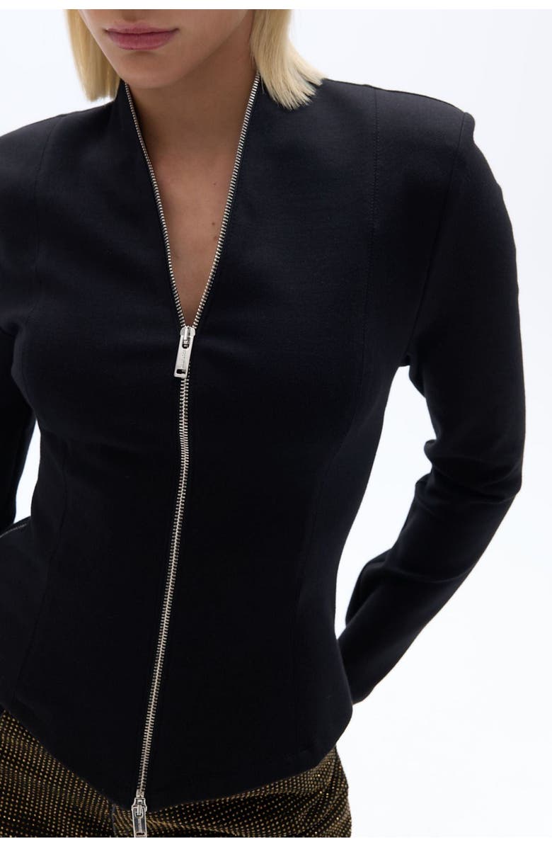 Nocturne Black Structured Zip-Front Blouse with Long Sleeves, Alternate, color, 