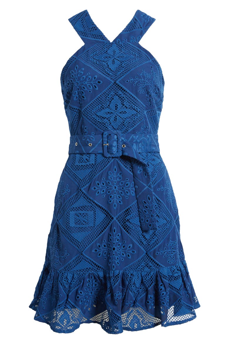 Braylee Lace Eyelet Belted Sleeveless Minidress, Alternate, color, NAVY