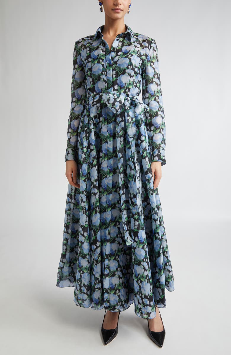Carolina Herrera Floral Print Long Sleeve Trench Dress, Main, color, Blue Multi Color