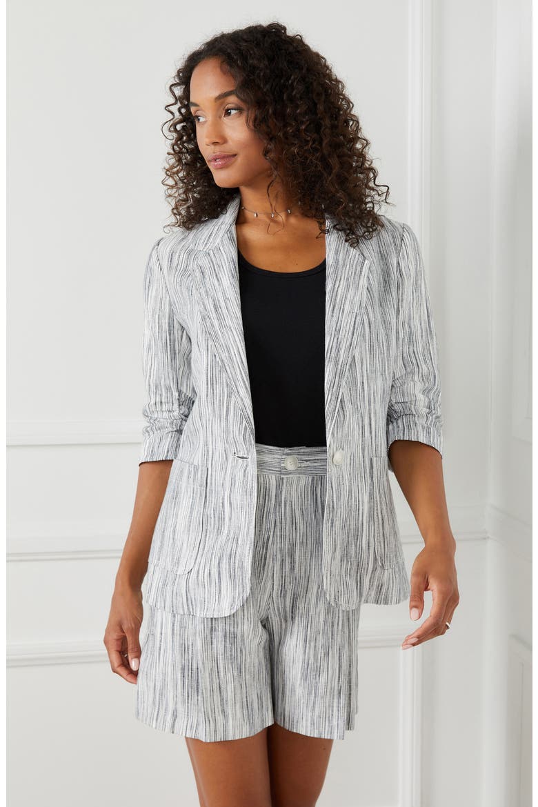 Stripe Ruched Sleeve Linen Jacket, Alternate, color, GRAY
