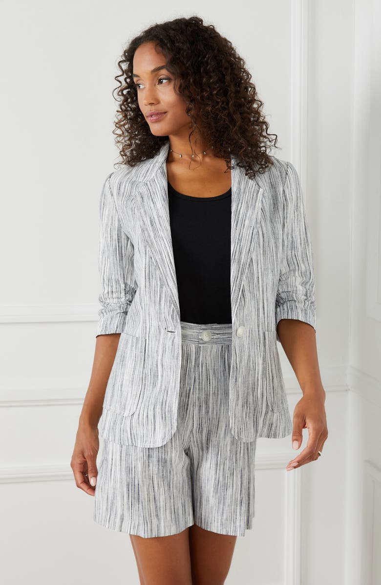 Karen Kane Stripe Ruched Sleeve Linen Jacket, Alternate, color,