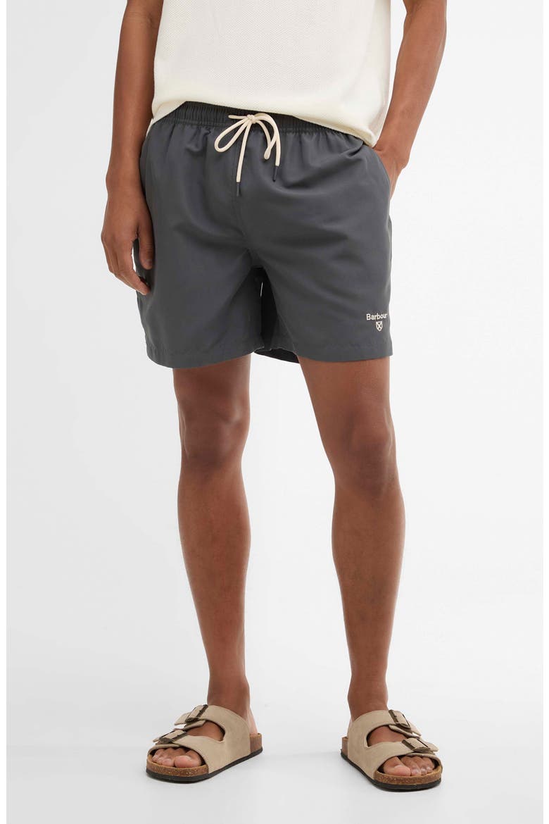 Water Reactive Leaf Print Swim Trunks, Main, color, ASPHALT