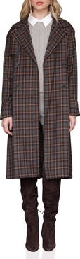 Avec Les Filles Plaid Button Back Belted Trench Coat