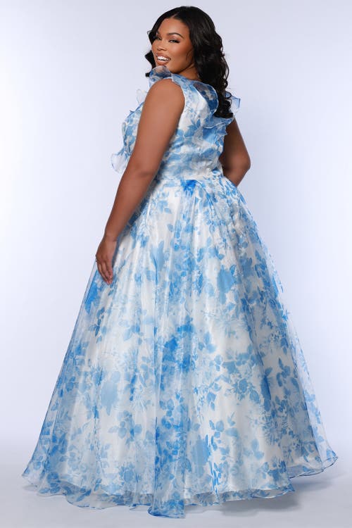 Sydney's Closet Bra-friendly A-line Plus Size Floral Gown In Blue Floral