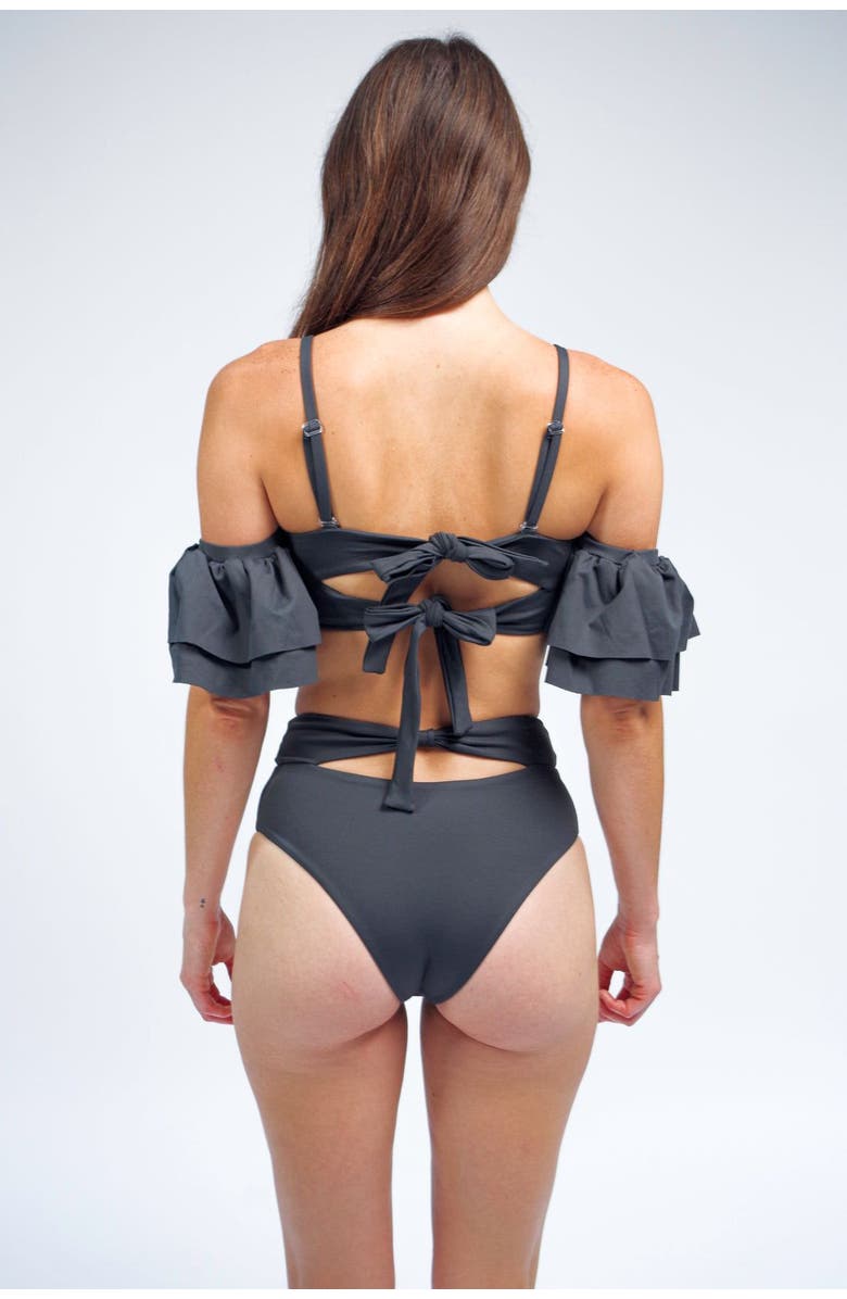 Mary Mercedes Ty Cutout Bikini Top With Ruffle Sleeves, Alternate, color, Charcoal Grey