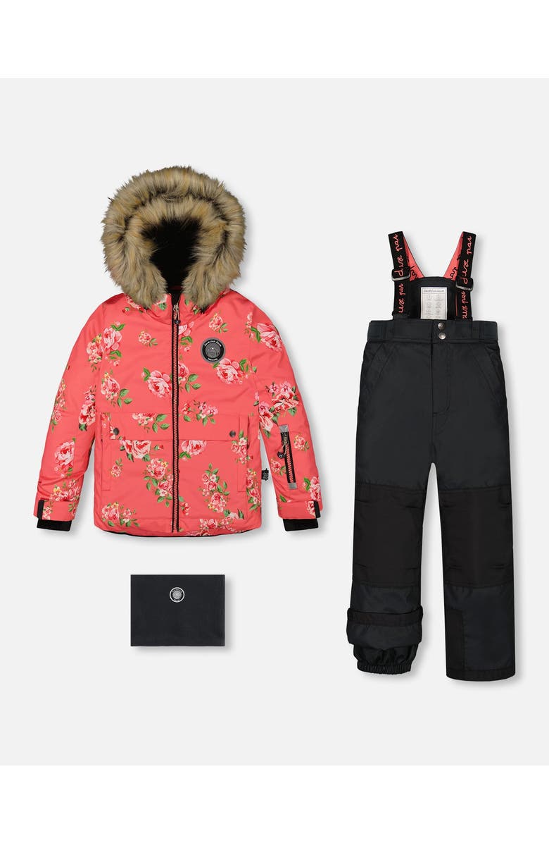Deux par Deux Little Girl's Two Piece Snowsuit Black Printed Coral Flowers, Main, color, 