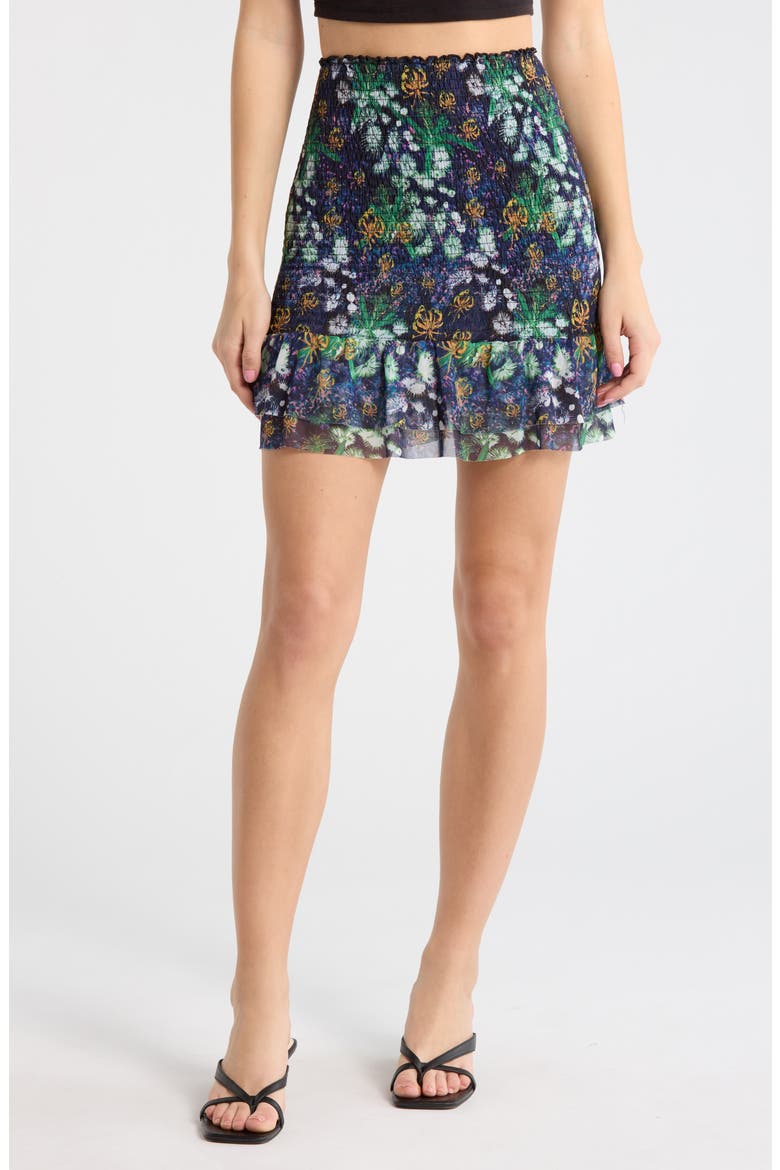 Printed Smocked Miniskirt, Main, color, NAVY BLUE