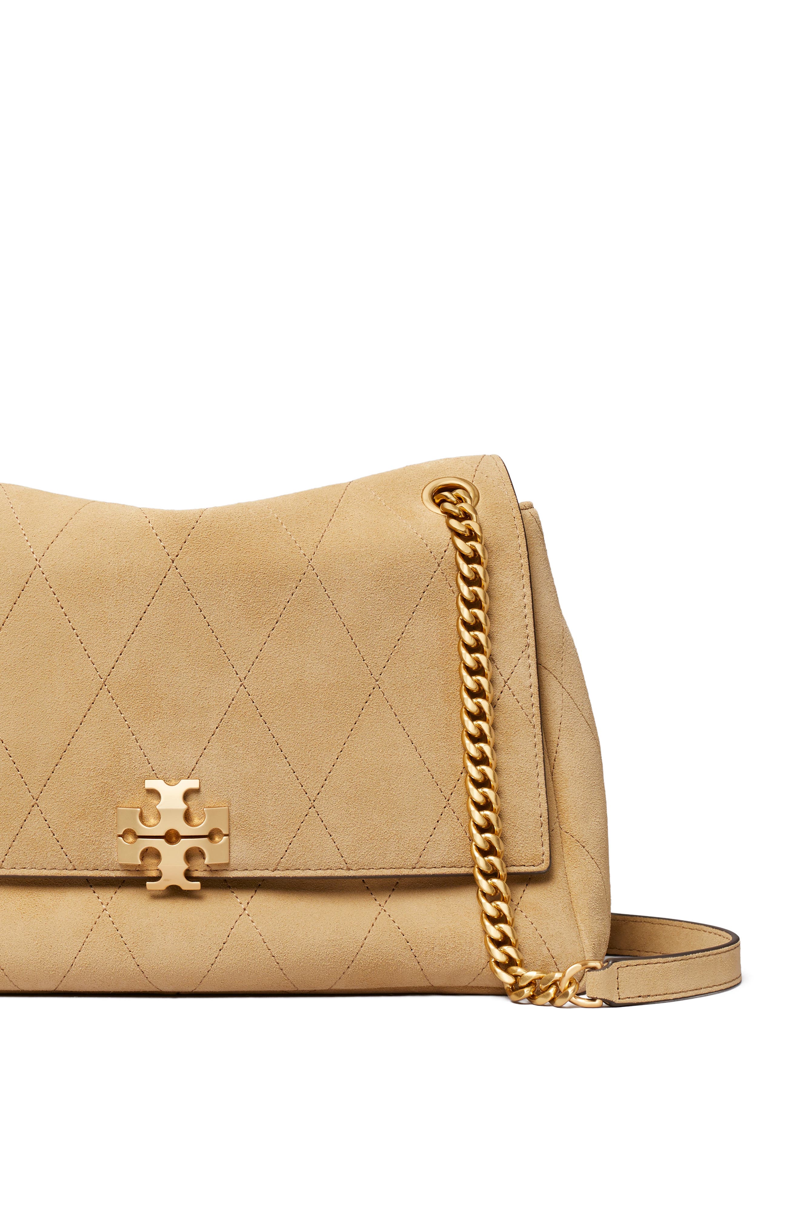 Tory Burch Charlie Quilted Suede Shoulder Bag, Alternate, color, Stone