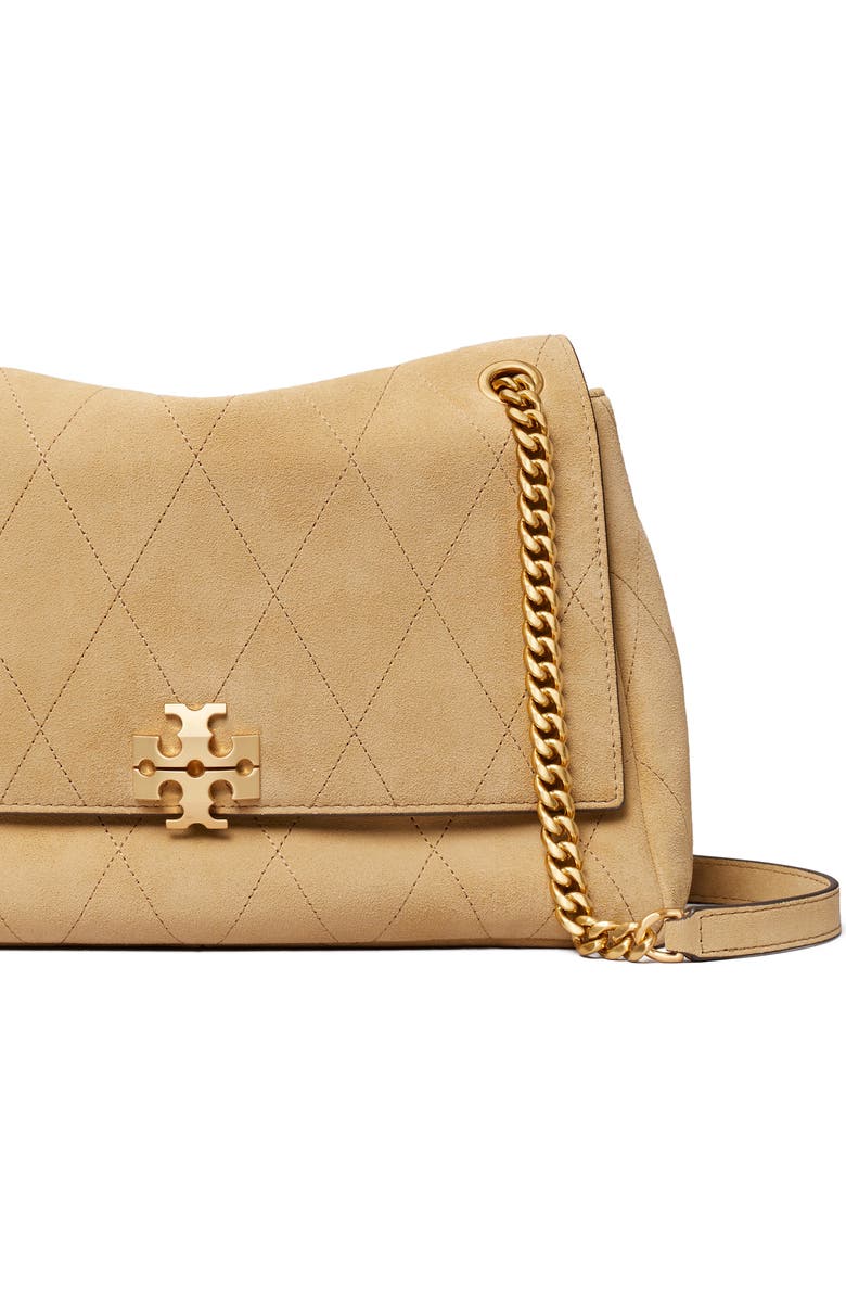 Tory Burch Charlie Quilted Suede Shoulder Bag, Alternate, color, Stone