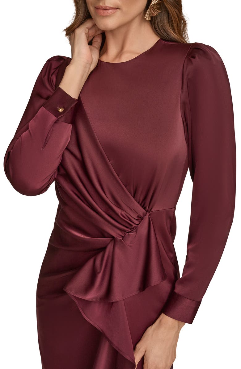 Donna Karan New York Long Sleeve Satin Faux Wrap Dress, Alternate, color, Berry