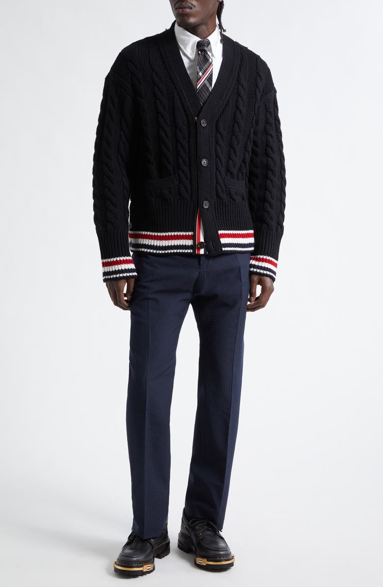 Thom Browne RWB Cable Knit Wool Cardigan, Alternate, color, Black