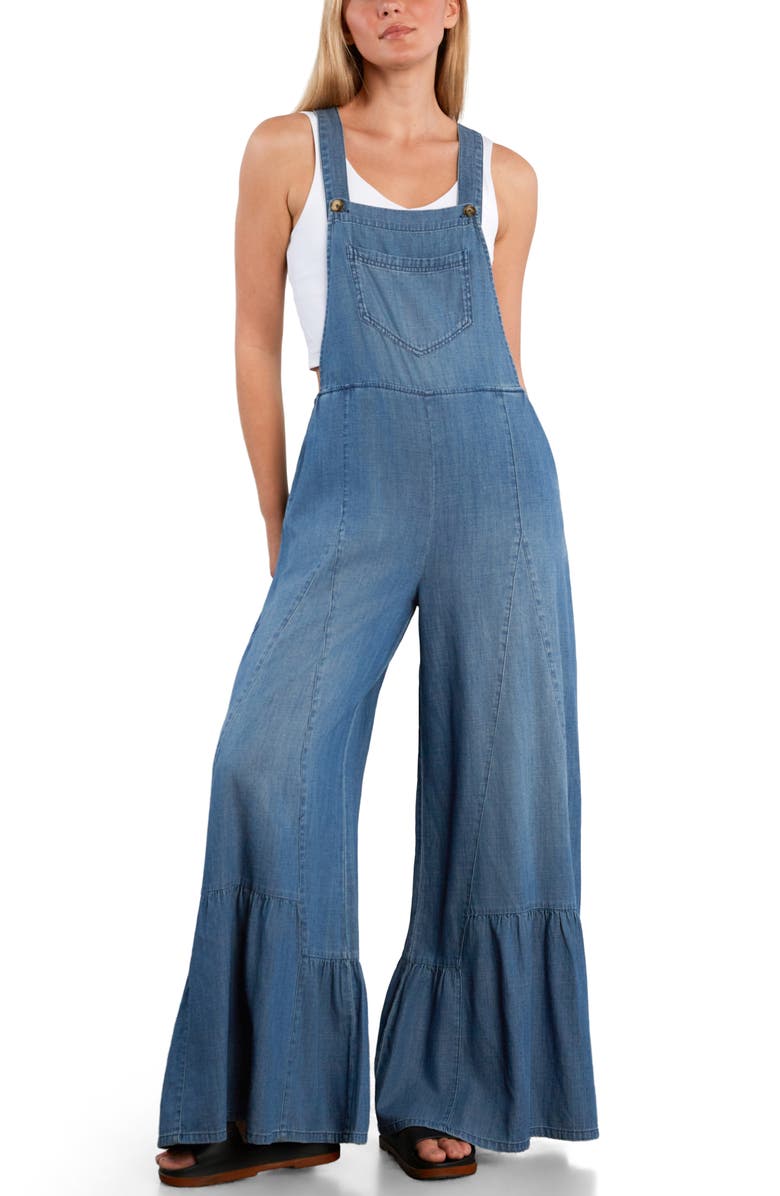 Billy T Butterfly Ruffle Leg Cotton Blend Overalls, Alternate, color, Vintage Denim