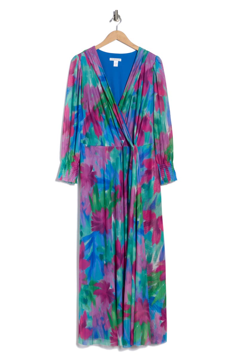 London Times Floral Long Sleeve Faux Wrap Maxi Dress, Main, color, Pink/ Blue