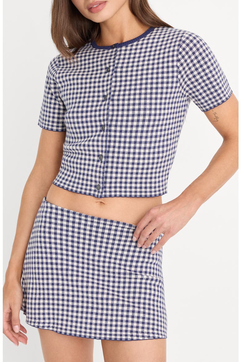The Keepsake Gingham Crop Cardigan, Main, color, NAVY GINGHAM