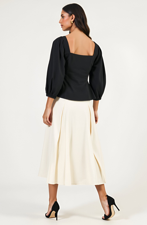 Modenaire Square Neck Long Sleeve Front Button Peplum Blouse In Black