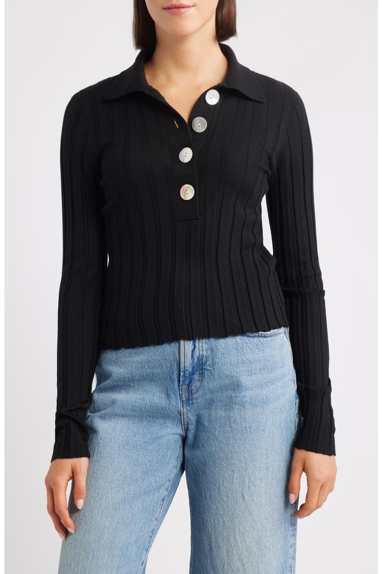 Merino Wool & Silk Polo Sweater, Main, color, BLACK